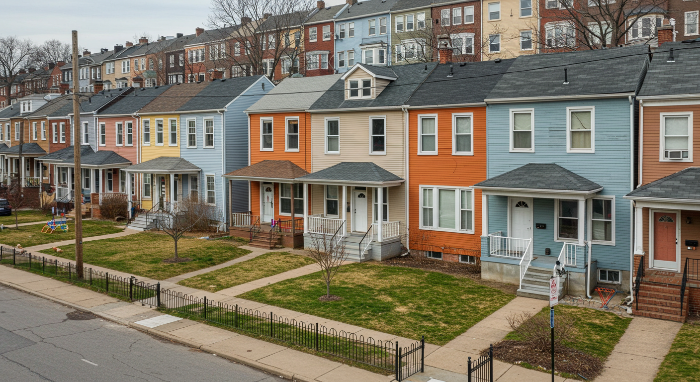 Row of revitalized Baltimore homes at sunset